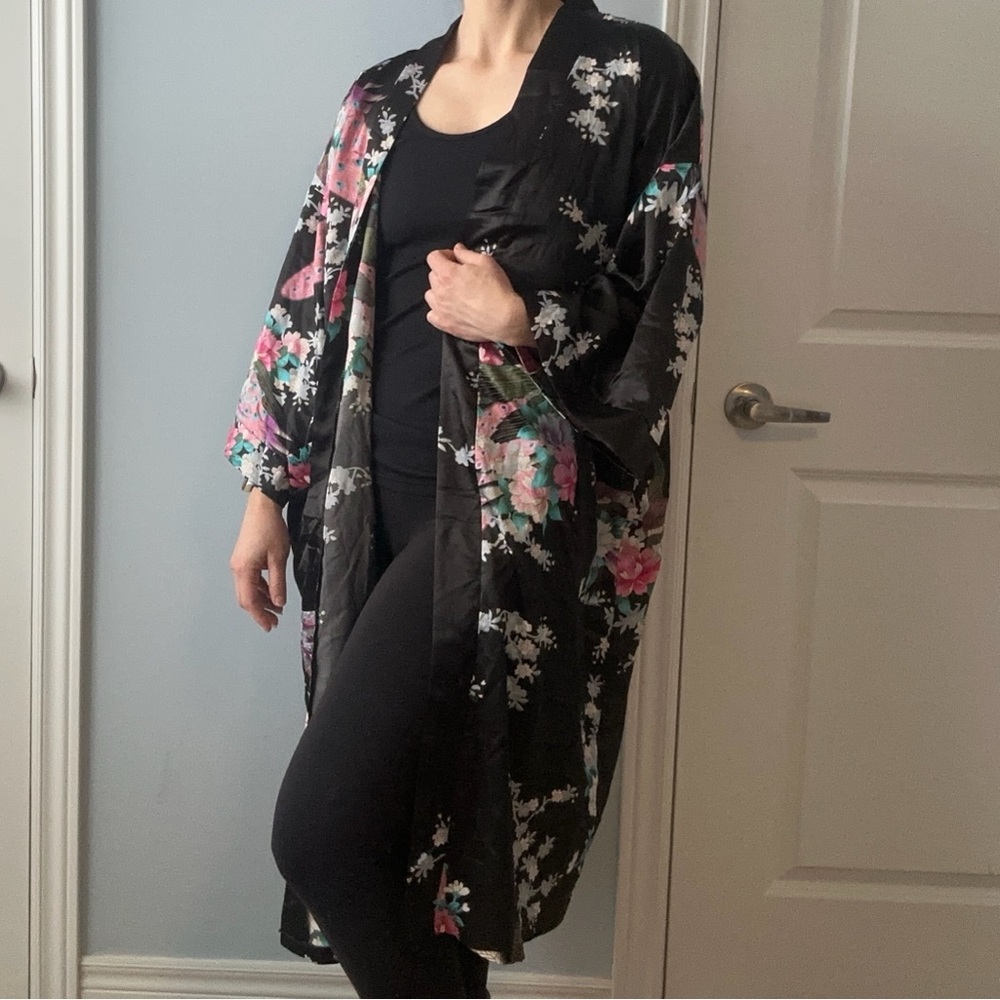 Silk Peacock Floral Kimono Cherry Blossom & Peony Artwear - Black- Size XL
